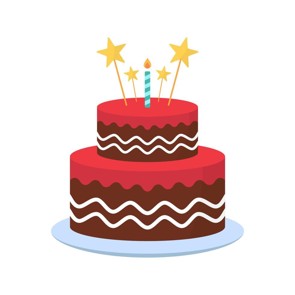 delicioso pastel con velas para fiesta de cumpleaños. lindo pastel con glaseado en plato para cumpleaños, aniversario, boda. colorida panadería dulce y sabrosa. ilustración vectorial aislada. vector