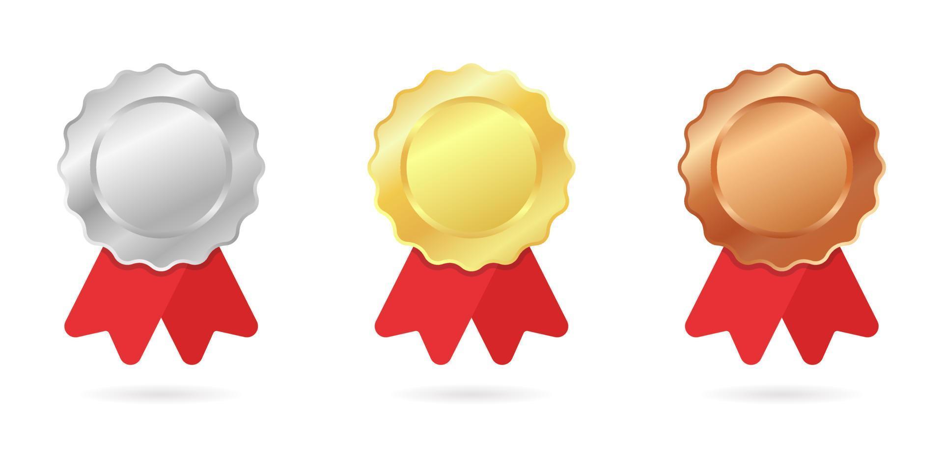 Gold, Silver, Bronze Award Set for Winners of Championship. Collection of Medals with Red Ribbon and Shadow on White Background. Round Metal Badge Trophy. Isolated Vector Illustration.