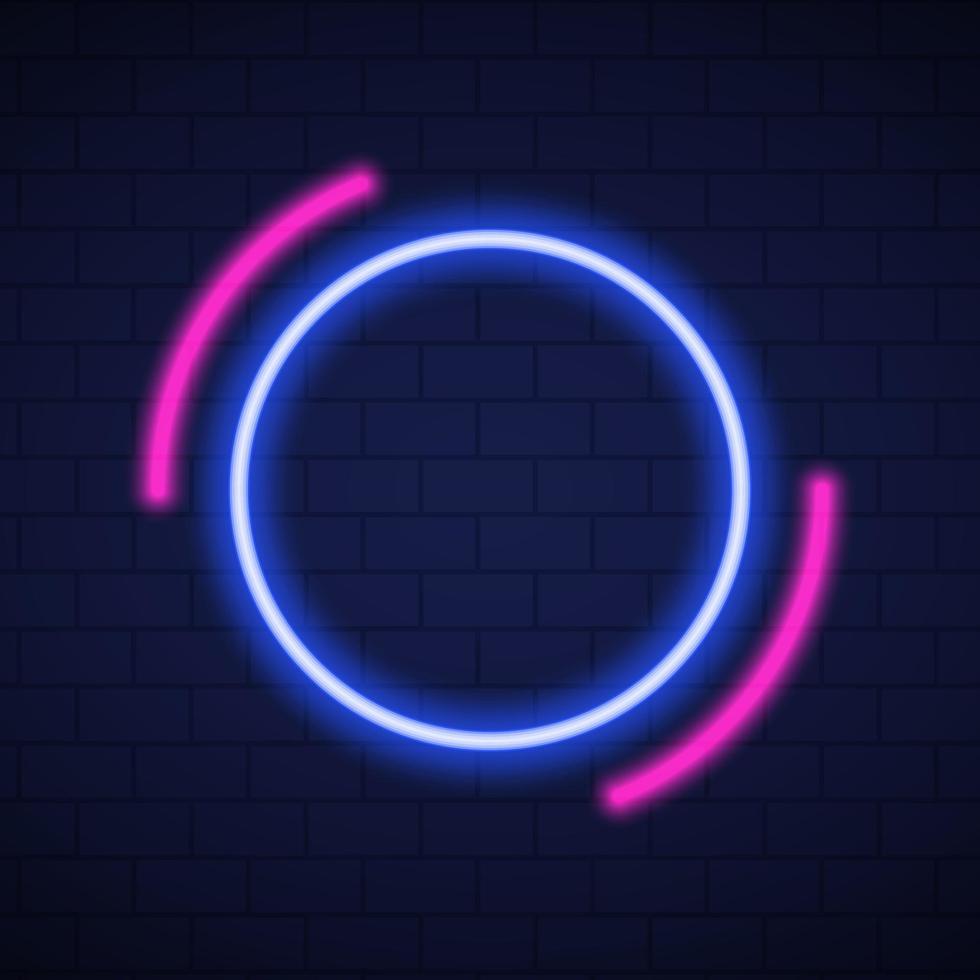 Mockup of Neon Blue and Pink Lamp on Wall for Party, Cafe, Club. Shiny Neon Frames on Dark Brick Wall Background. Frame with Neon Led Border Circle Shape. Isolated Vector Illustration.