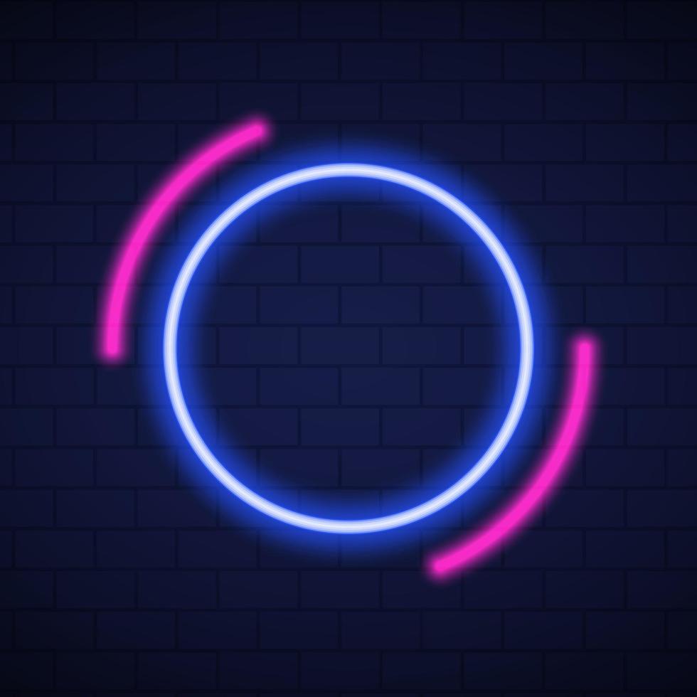 Mockup of Neon Blue and Pink Lamp on Wall for Party, Cafe, Club. Shiny Neon Frames on Dark Brick Wall Background. Frame with Neon Led Border Circle Shape. Isolated Vector Illustration.