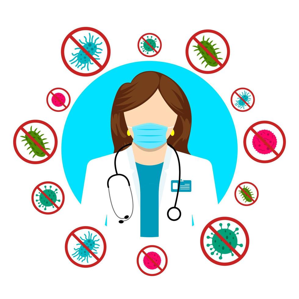 Healthcare services. Attack of different bacteria. Bacteria protection. Doctor with a mask on face vector