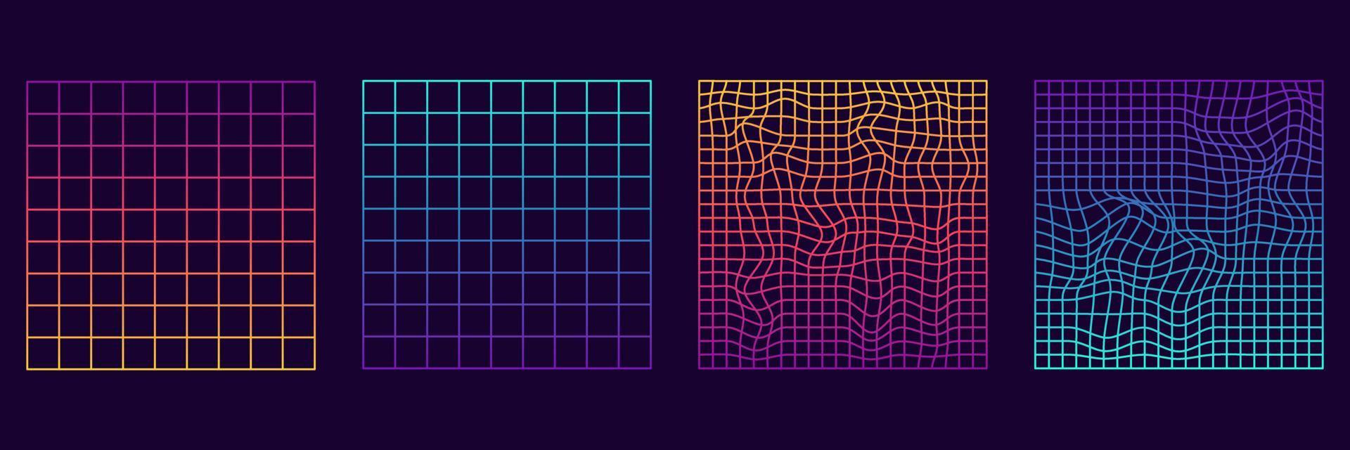 Set of Distorted Grid Square Neon Pattern. Warp Futuristic Geometric Square Glitch. Abstract Modern Design. Wave Ripple Perspective Square. Isolated Vector Illustration.
