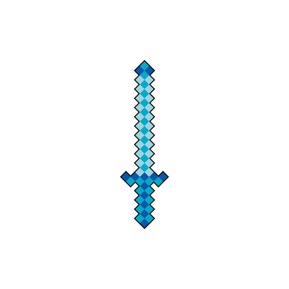 Blue pixel sword icon. Pixel weapon isolated. Video game cartoon sword icon. Vector