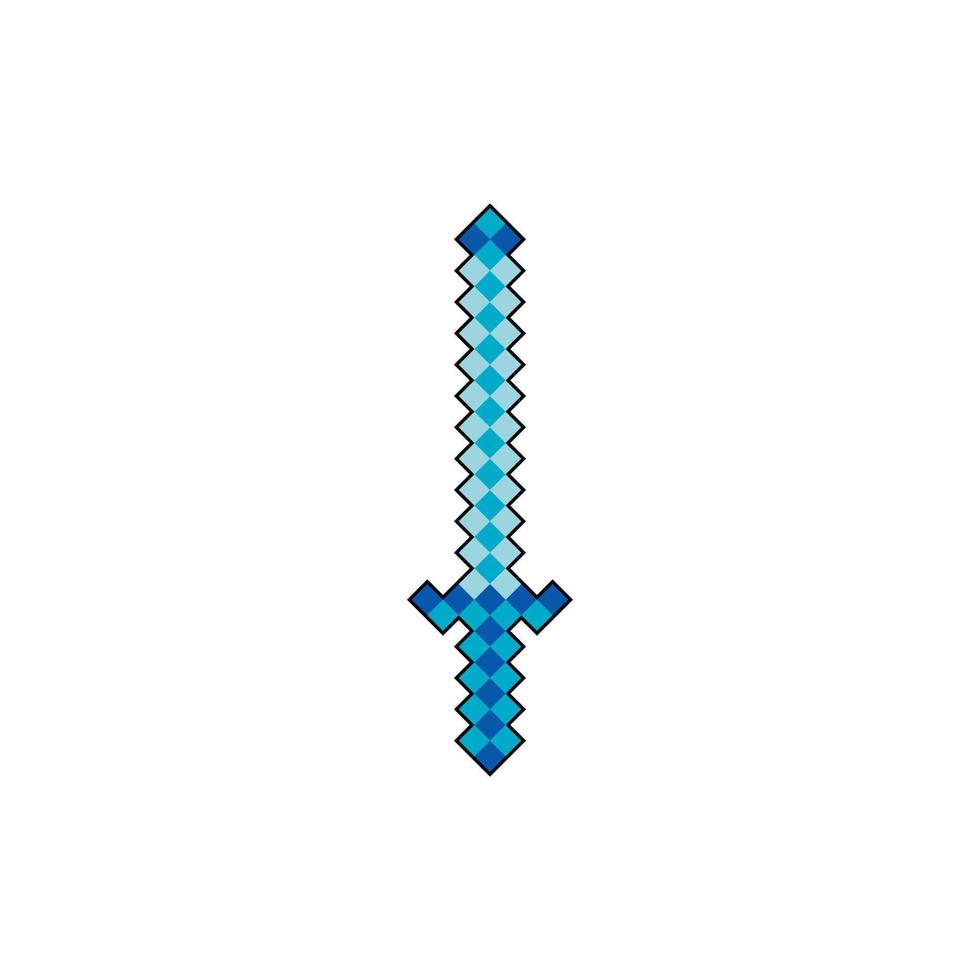 Blue pixel sword icon. Pixel weapon isolated. Video game cartoon sword icon. Vector