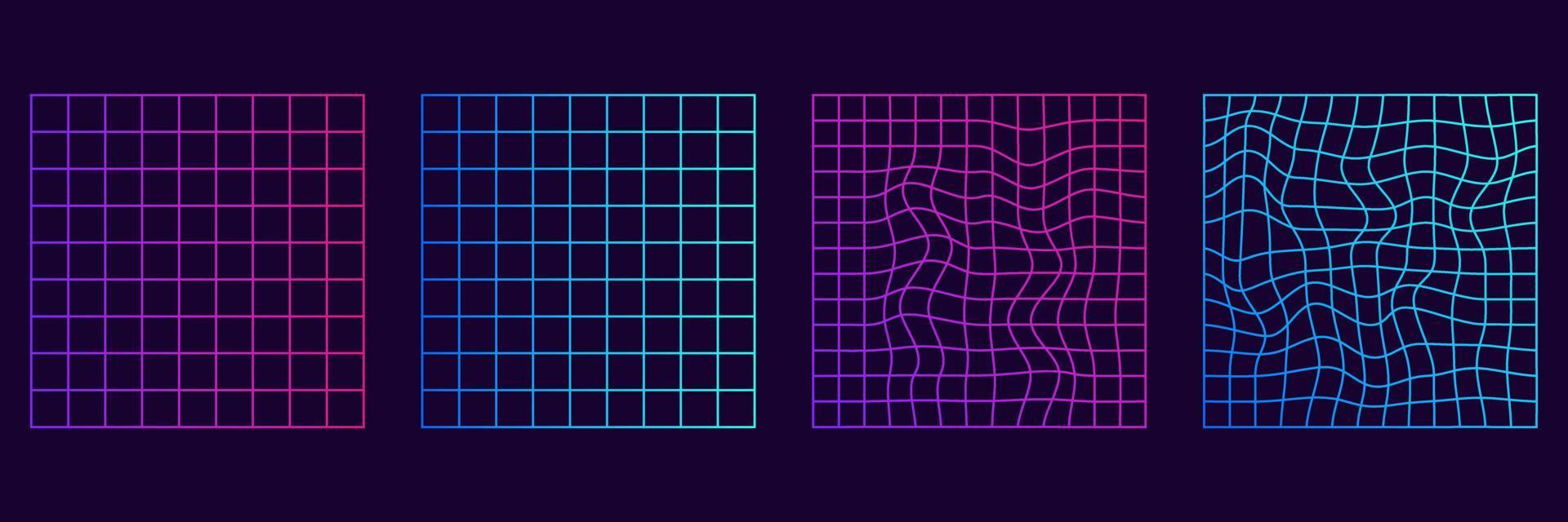 Distorted Grid Square Neon Pattern. Trendy retro 1980s, 90s style. Wave Ripple Perspective Square. Warp Futuristic Geometric Square Glitch. Abstract Modern Design. Isolated Vector Illustration.