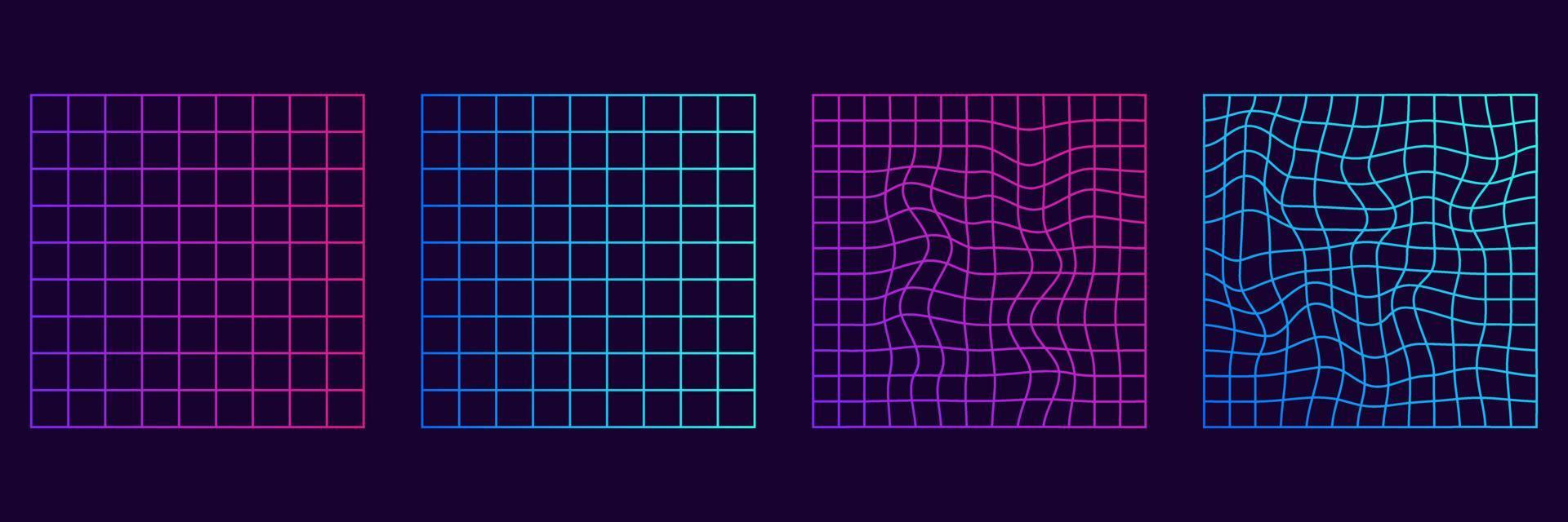 Distorted Grid Square Neon Pattern. Trendy retro 1980s, 90s style. Wave Ripple Perspective Square. Warp Futuristic Geometric Square Glitch. Abstract Modern Design. Isolated Vector Illustration.