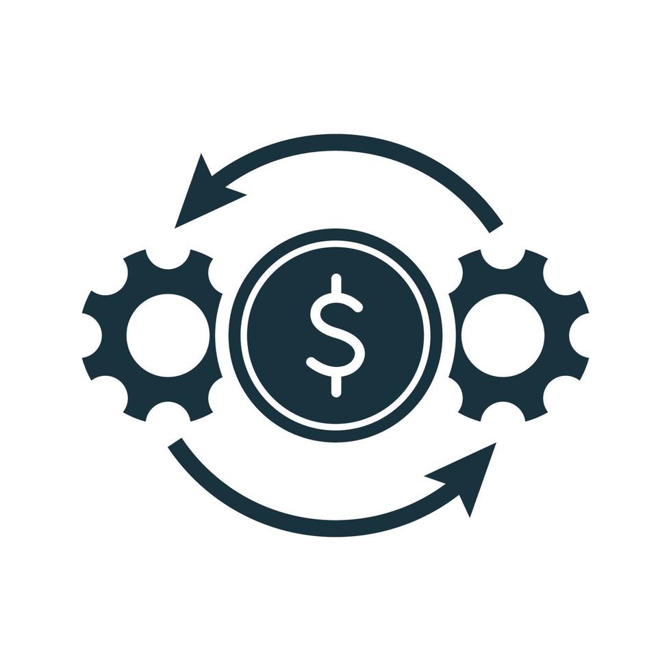 Cost Effective Icon. Cogwheels, Gears and Dollar Symbol. Efficiency and Optimization Icon. Operation and Production of Making Money concept. Vector Illustration.