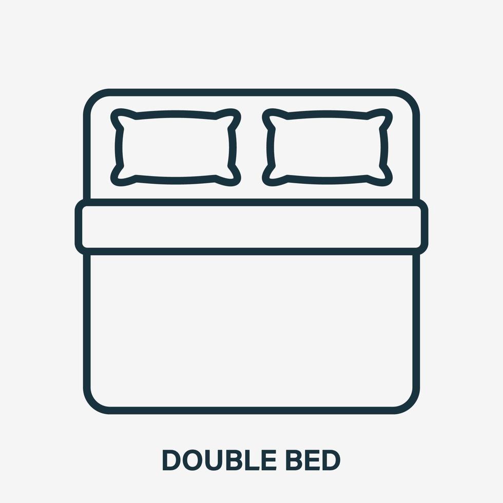 Double Bed Line Icon. Pillow and Blanket Outline Pictogram. Bedding Linear Icon. Top view. Size of Bed. Logo for interior store. Vector illustration.
