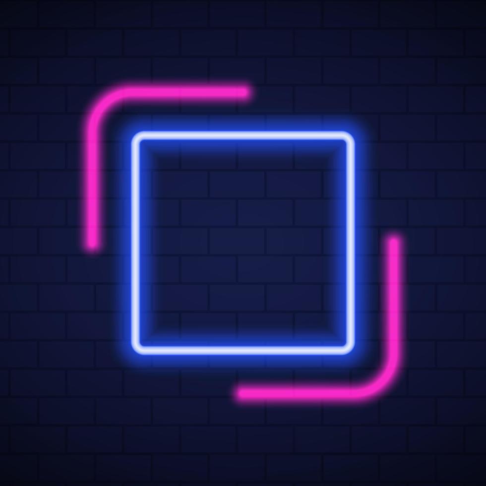Shiny Neon Frames on Dark Brick Wall Background. Mockup of Neon Blue and Pink Lamp on Wall for Party, Cafe, Club. Frame with Neon Led Border Square Shape. Isolated Vector Illustration.