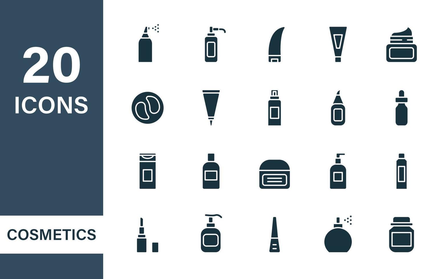 Beauty Cosmetic Products for Body, Skin and Hair Care. Bottles with Spray, Dispenser, Cream Jar, Tube and different Containers for Care. Set of Cosmetic Bottle Silhouette Icons. Vector illustration.