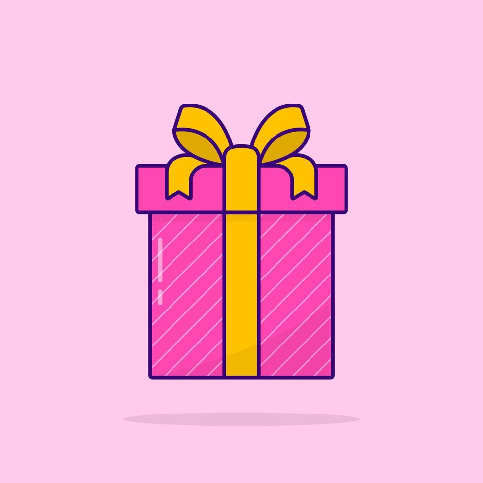 Pink Present Box in Wrap on Colorful Background. Gift Box with Ribbon Bow. Surprise for Birthday, Christmas, New Year, Wedding, Anniversary. Flat Cartoon Style. Isolated Vector Illustration.