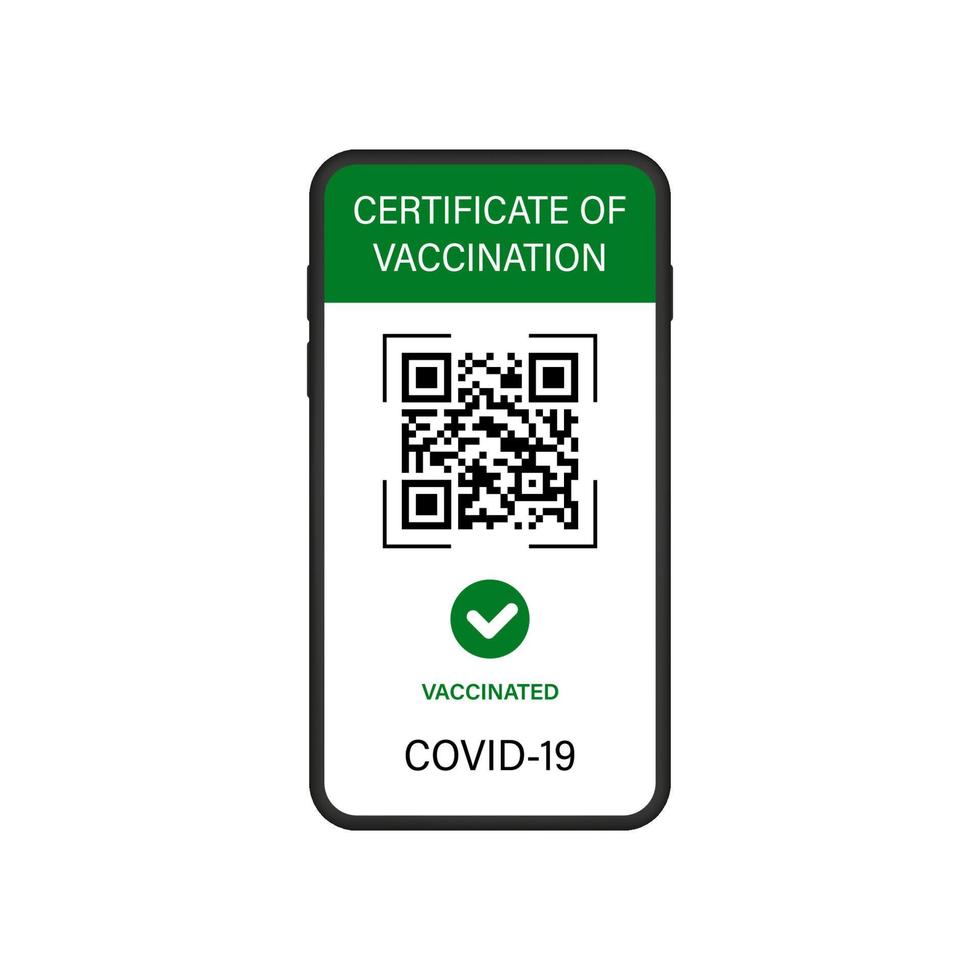 Digital Vaccination Certificate and Green Health Passport. Certificate of Vaccine and Immune from Covid in Mobile Phone App. Green Passport Screen with QR Code. Isolated Vector Illustration.