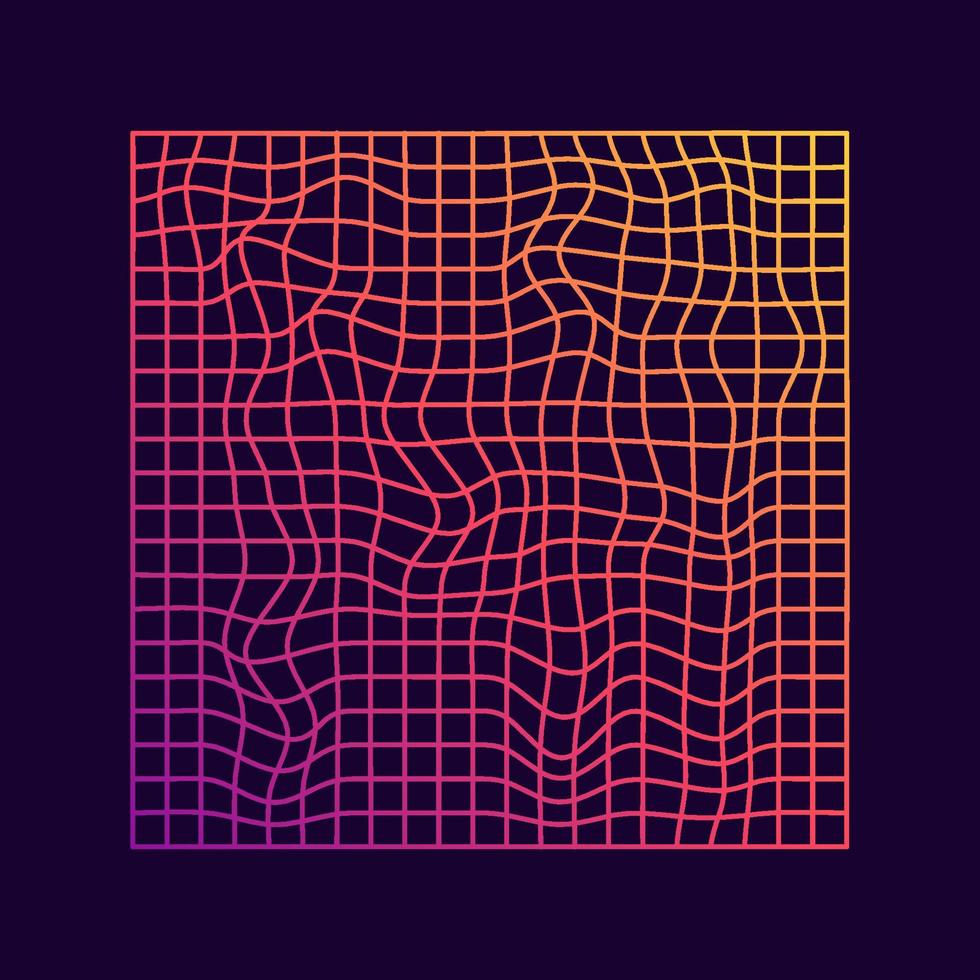 Futuristic Wave Geometric Background. Distorted Grid Square Neon Pattern. Glitch, Synthwave, Vaporwave, Retrowave. Ripple Perspective Square. Isolated Vector Illustration.