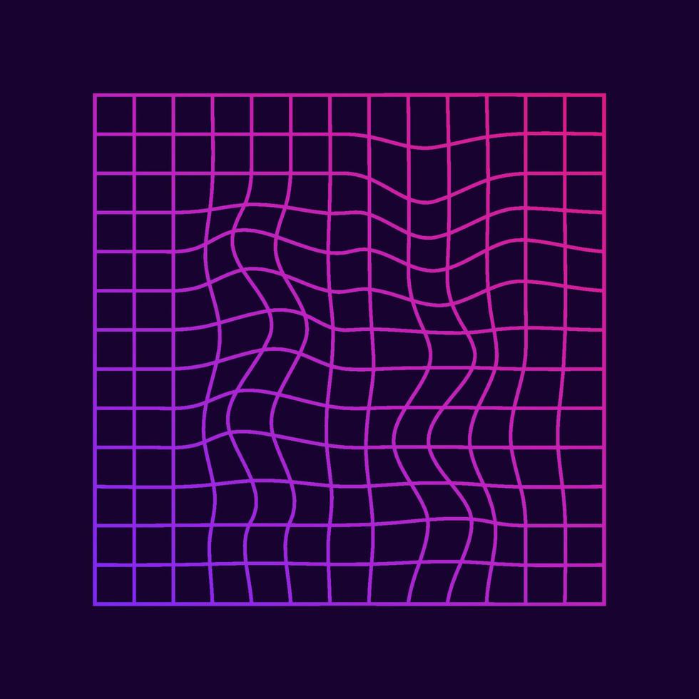 Distorted Grid Square Neon Pattern. Glitch, Synthwave, Vaporwave, Retrowave. Futuristic Wave Geometric Background. Ripple Perspective Square. Isolated Vector Illustration.