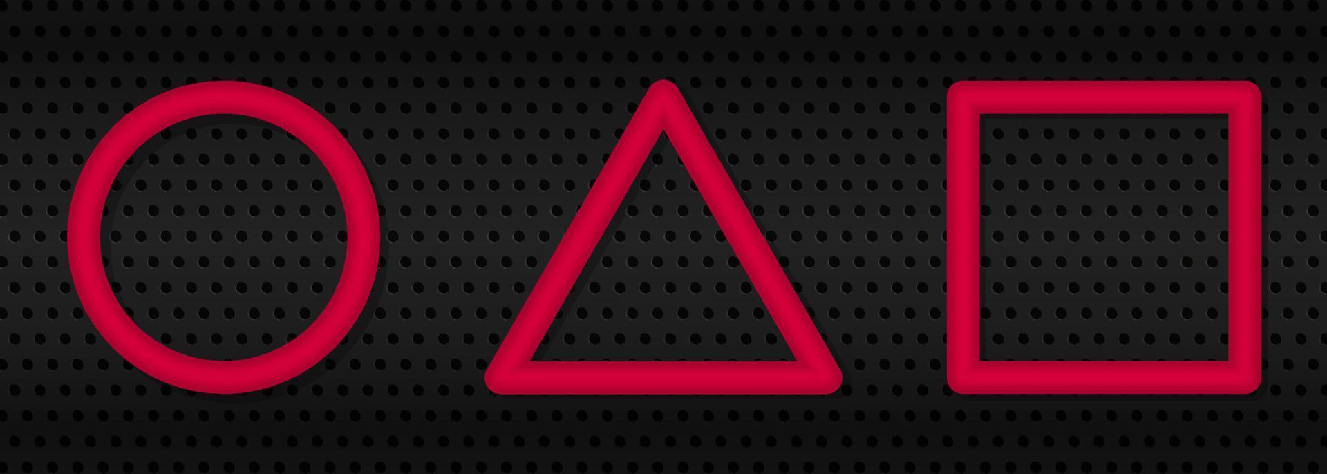 círculo rojo realista, triángulo, cuadrado sobre fondo de metal negro. signo de figuras geométricas. ilustración vectorial aislada. vector