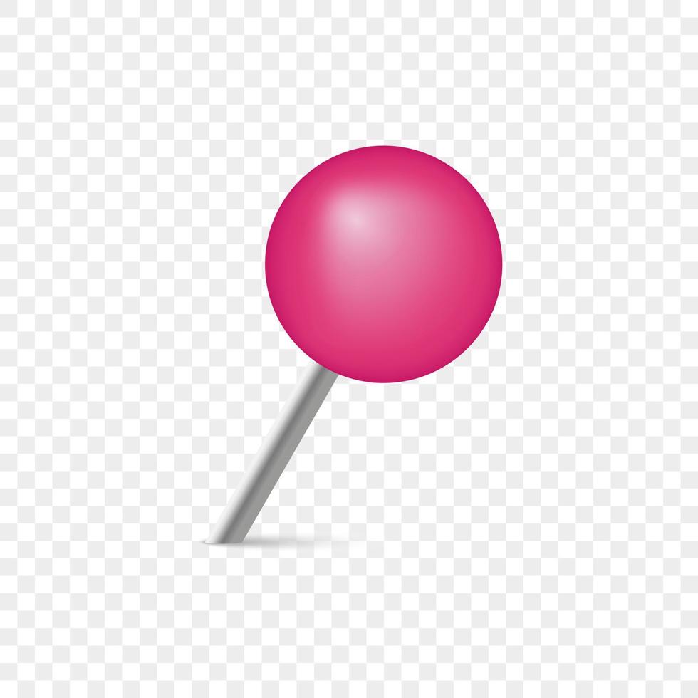 Pink Office Thumbtack for Notice Board and Attach Paper on Wall. Pushpin with Metal Needle and Pink head. Plastic Circle Push Pin on Transparent Background. Isolated Vector Illustration.