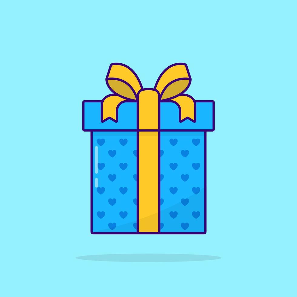 Blue Gift Box with Ribbon Bow. Colorful Present Box for Birthday, Christmas, New Year, Wedding, Anniversary. Flat Cartoon Style. Surprise in Wrap. Isolated Vector Illustration.