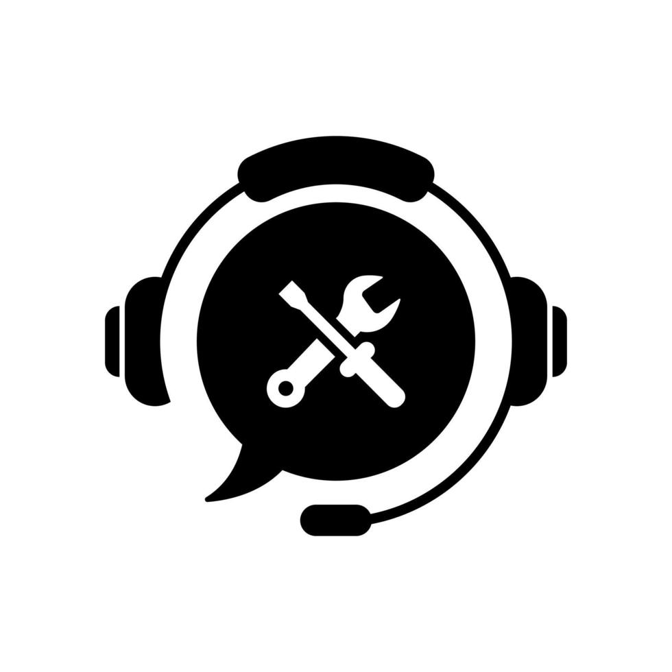 Technical Support Customer Service Silhouette Icon. Headphones and Repair Tools Pictogram. Online Information Hotline and Customer Helpline. Vector Illustration.