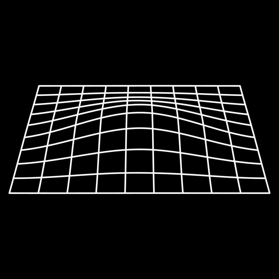 Distorted Grid Futuristic Wireframe Pattern. Mesh with Convex Distortion. Plane White Wave Grid. 3d Warp Geometric Shape with Curve Wavy Line. Isolated Vector Illustration.