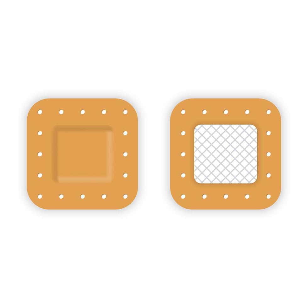 Square Elastic Patch for First Aid. Sticker Patch Assistance for Protection Wound, Damage. Adhesive Medical Plaster Strip Bandage. Antibacterial Sticky Bandage. Isolated Vector Illustration.