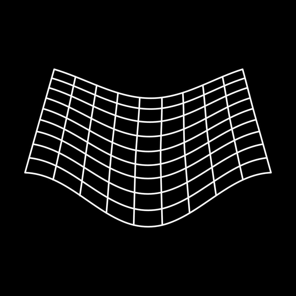 Plane White Wave Grid on Black Background. Mesh with Convex Distortion. 3d Warp Geometric Shape with Curve Wavy Line. Distorted Grid Futuristic Wireframe Pattern. Isolated Vector Illustration.