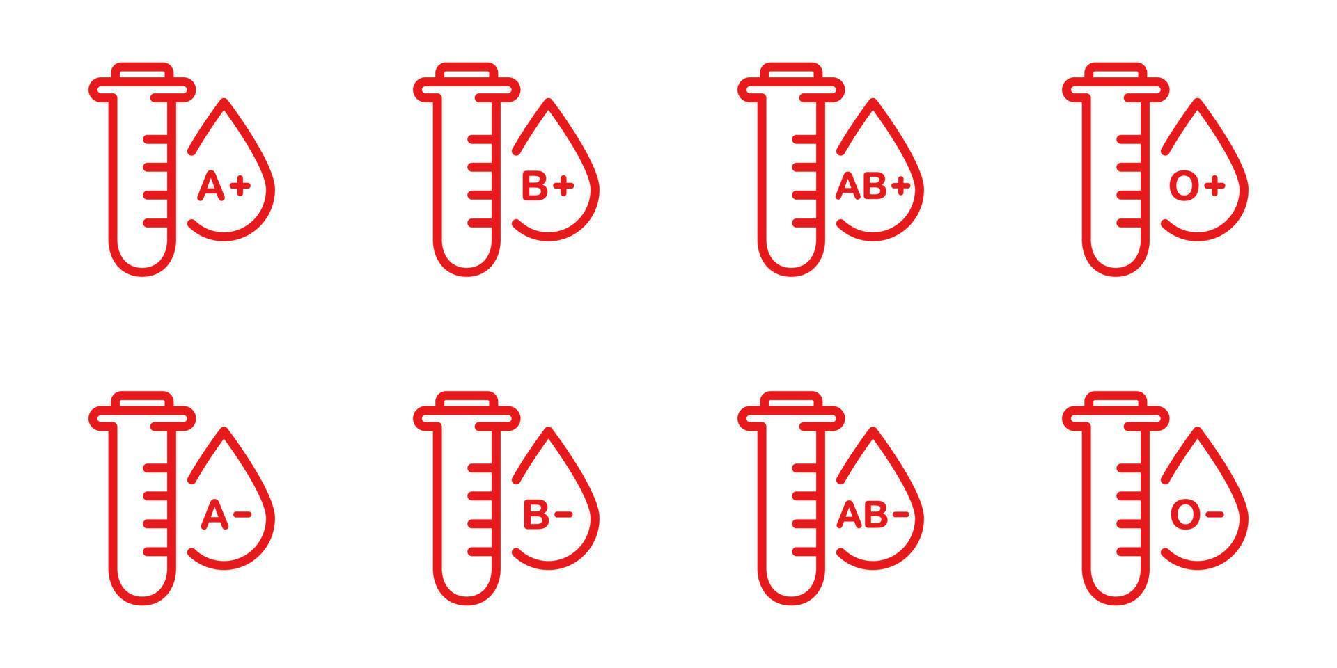 grupo de sangre en el icono de línea roja del tubo de vidrio de prueba. positivo y negativo o, a, b, ab tipos de conjunto de signos de sangre. muestra del icono de contorno del tipo de sangre. recogida de gotas de plasma. ilustración vectorial aislada. vector