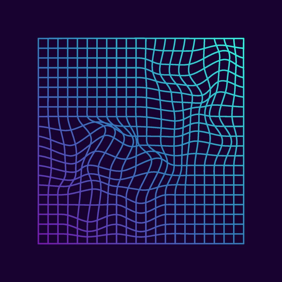 Distorted Grid Square Neon Pattern. Abstract Background of Retro 80s, 90s Style. Glitch Effect. Warp Futuristic Geometric Square Glitch. Wave Ripple Perspective Square. Isolated Vector Illustration.