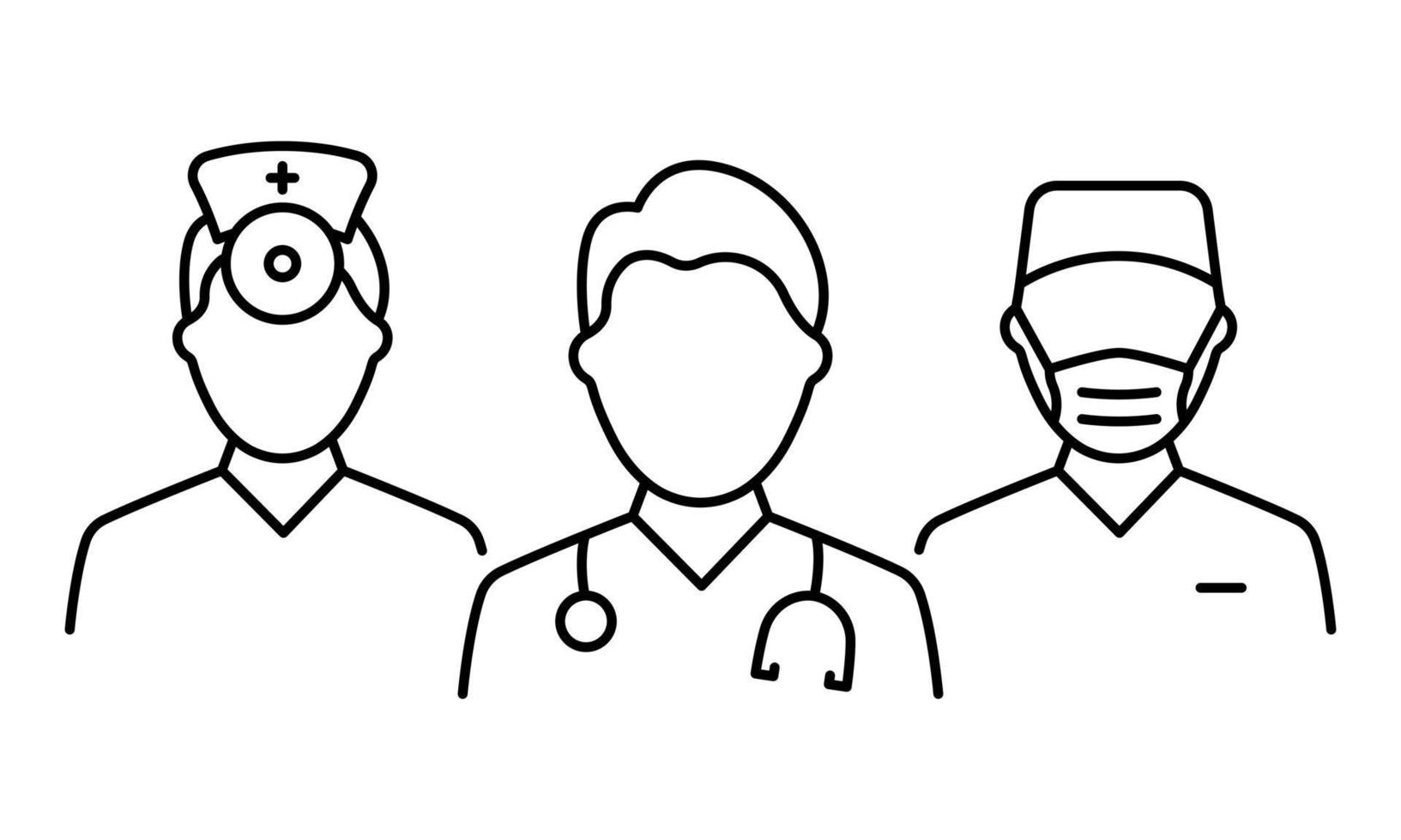 equipo de médicos profesionales médicos icono de línea. pictograma lineal médico especialista, otorrinolaringólogo y cirujano masculino. icono de esquema de asistentes y enfermeras. ilustración vectorial aislada. vector