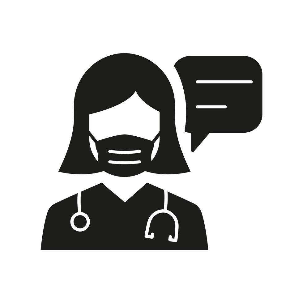 Doctor in Mask with Speech Bubble Consultation Concept Silhouette Icon. Healthcare Chat Black Icon. Physician Talking Pictogram. Medic Conversation. Isolated Vector Illustration.