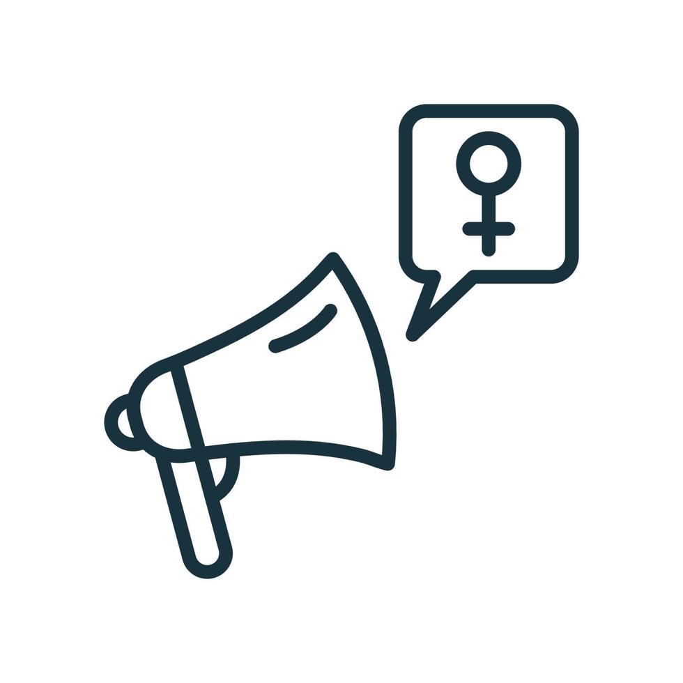 Megaphone with Female Gender symbol Line Icon. Feminism Movement and Protest Linear Pictogram. Girl Power Outline Icon. Isolated Vector Illustration