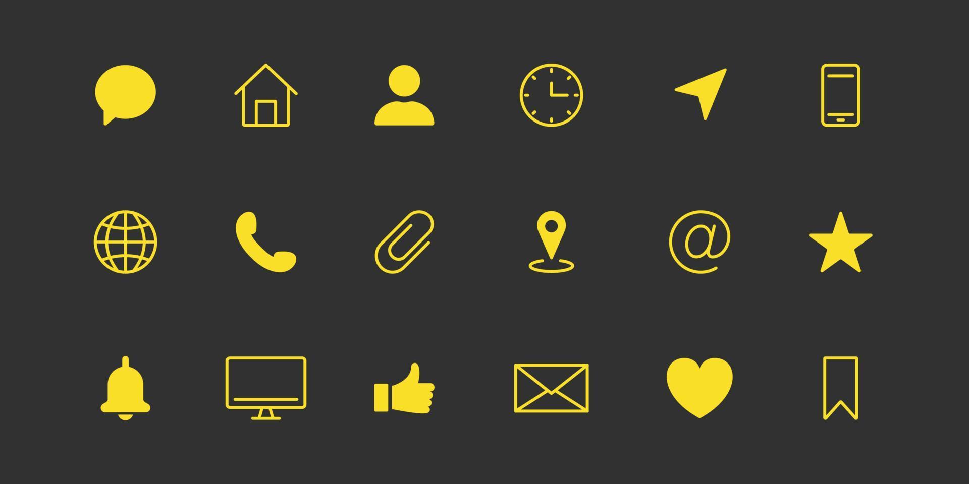 conjunto de iconos de línea de tarjeta de visita. icono lineal de comunicación simple amarillo. pictograma de información de contacto. dirección, correo electrónico, teléfono, mensaje, chat. conjunto de pictogramas del sitio web. ilustración vectorial vector