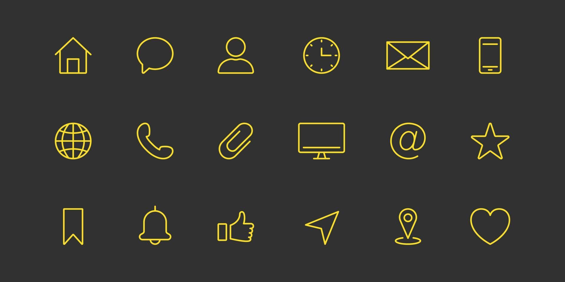 Business Card Line Icon Set. Yellow Simple Communication Linear Icon. Contact Info Pictogram. Address, Email, Phone, Message, Chat. Set of Website Pictogram. Vector illustration