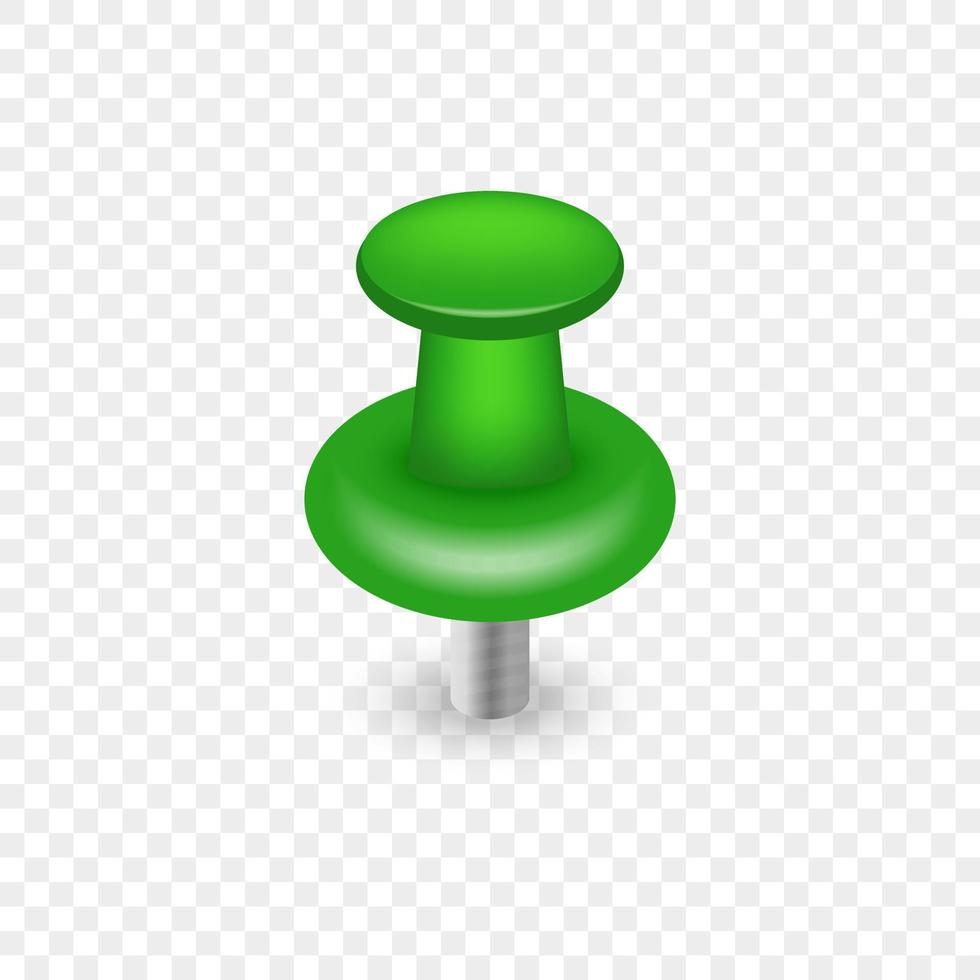 Single Realistic Green Pushpin on Transparent Background. Thumbtack with Needle. Office Stationery for Tack Paper on Notice Board. Green Plastic Push Pin Button. Isolated Vector Illustration.