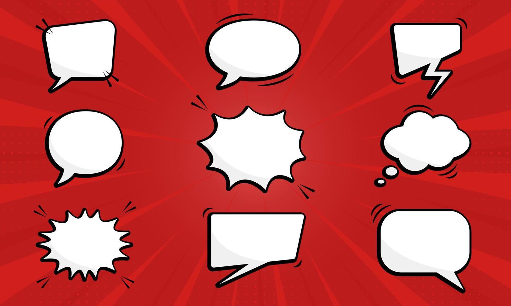 burbujas de habla divertidas de dibujos animados sobre fondo de arte pop rojo. conjunto de globos de habla cómica con trama de semitonos. colección de burbujas retro vacías para chat, diálogo, mensaje de texto. ilustración vectorial aislada. vector