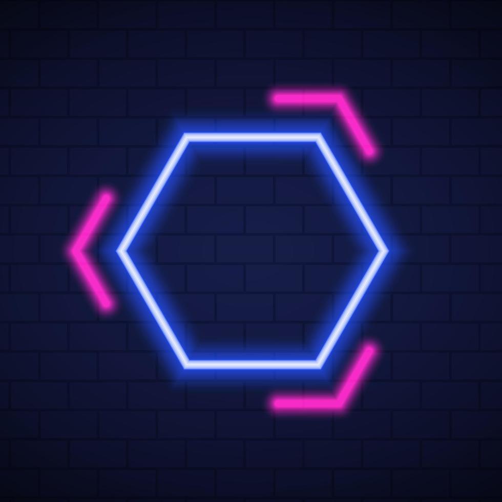 marco hexagonal con borde de neón sobre fondo de pared de ladrillo oscuro. letrero de neón del club nocturno. maqueta de lámpara de neón azul y rosa en la pared para café, fiesta, club. ilustración vectorial aislada. vector