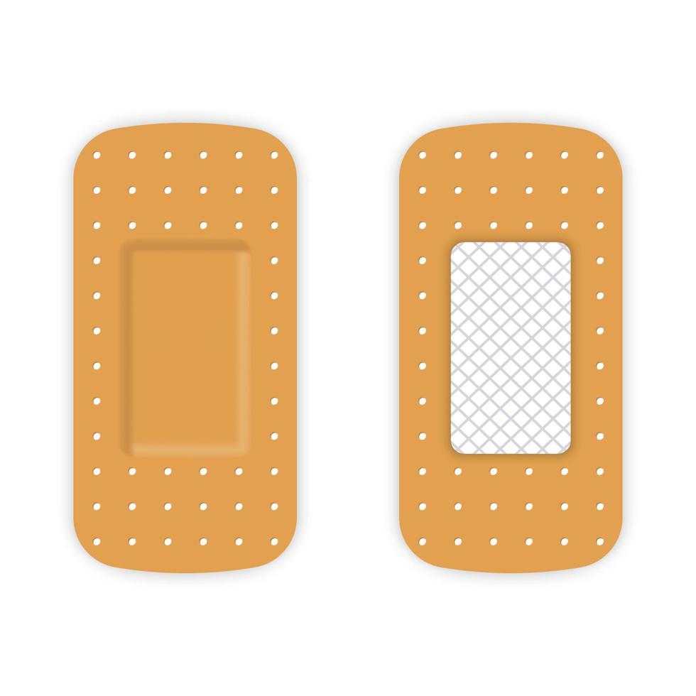Adhesive Medical Plaster Strip Bandage. Antibacterial Sticky Bandage. Sticker Patch Assistance for First Aid. Elastic Patch for Protection Wound, Damage. Isolated Vector Illustration.