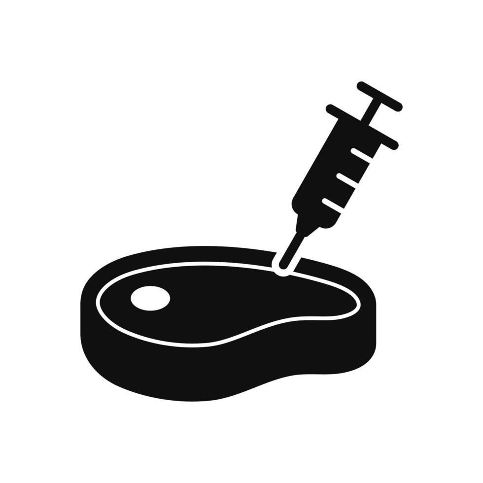 Antibiotic, Hormone Injection Meat Silhouette Icon. Syringe with Needle and Meat Artificial Food Concept Pictogram. Gmo Growing Meat in Medical Laboratory Black Icon. Isolated Vector Illustration.