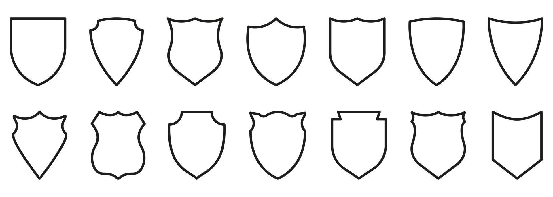 Shield Black Line Icon Set. Outline Sign of Safety, Defence Pictogram. Guard Defense Emblem Outline Icons. Police Badge Shape and Football Patches. Isolated Vector Illustration.