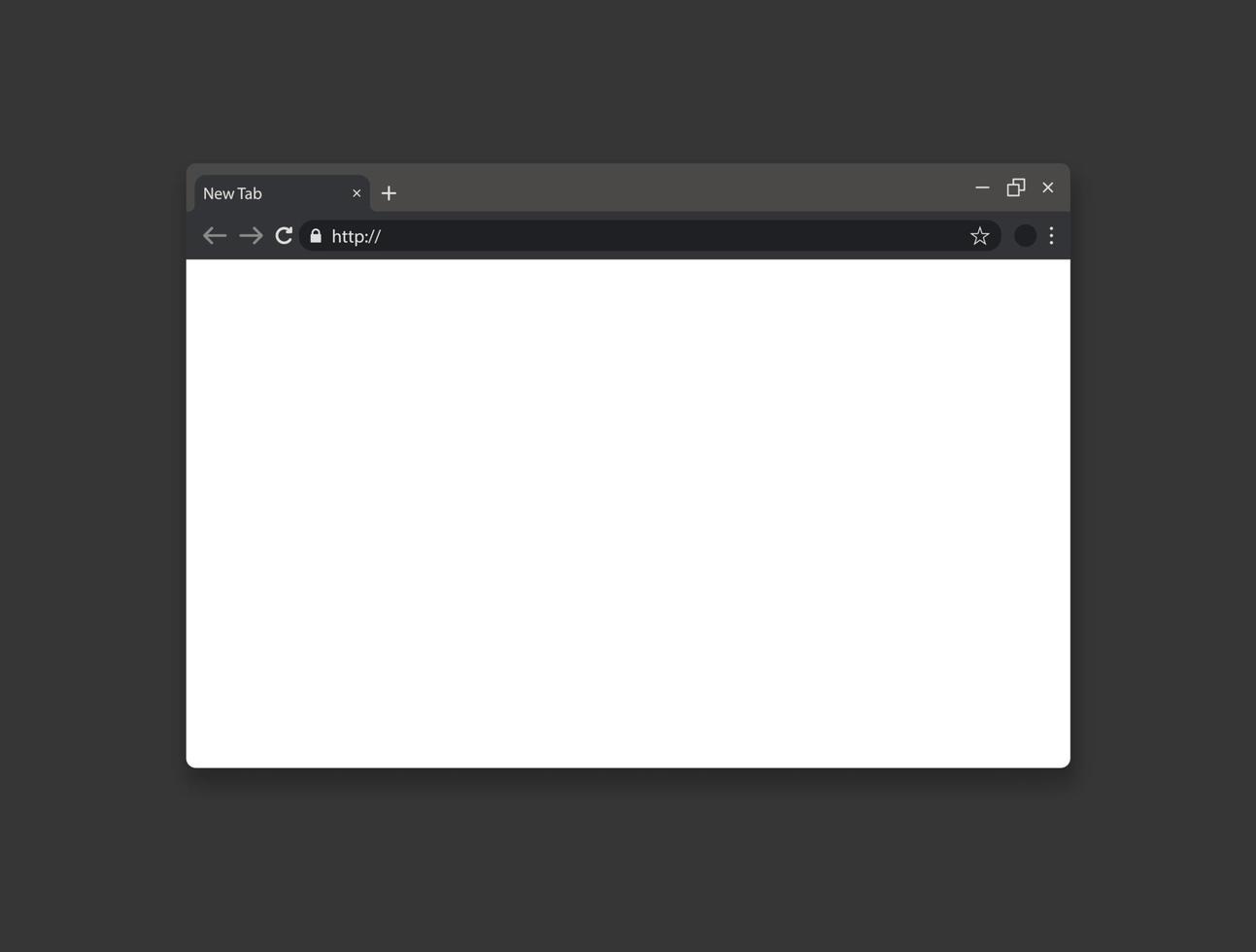 Empty mock up web browser page on dark grey background. Internet window with address bar and new tab. Vector