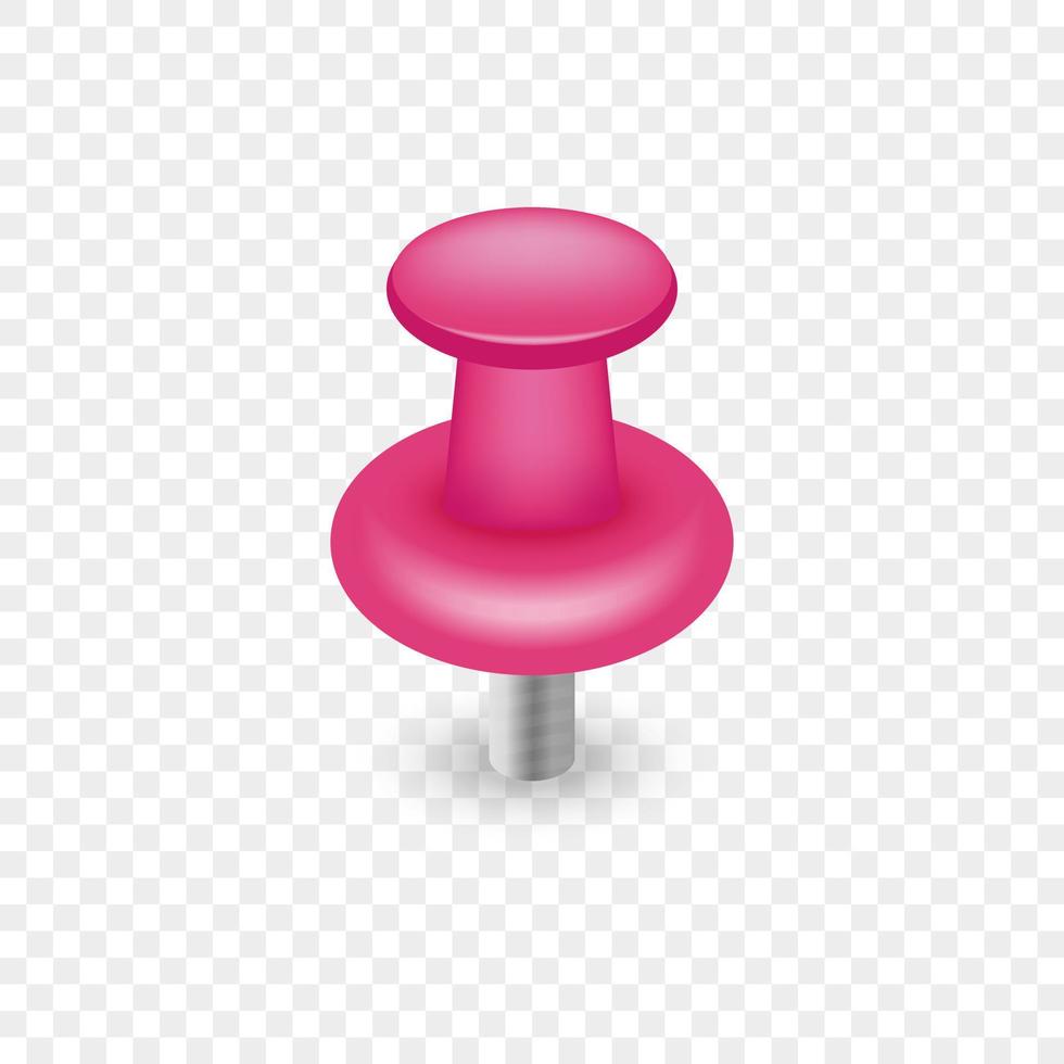 Pink Plastic Push Pin Button. Single Thumbtack with Needle on Transparent Background. Realistic Pink Pushpin. Office Stationery for Tack Paper on Notice Board. Isolated Vector Illustration.