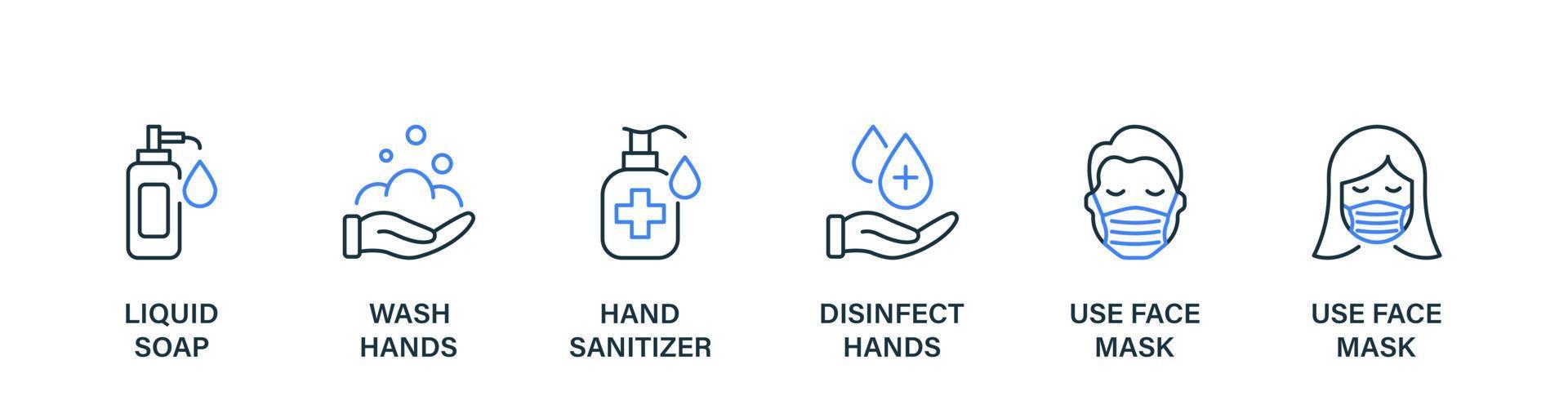 Coronavirus Prevention Line Icon Set. Virus Precaution Banner. Sanitizer and Liquid Soap, Wash, Disinfect Hands, Use Face Mask Icon. Sign for Medical Poster. Vector illustration