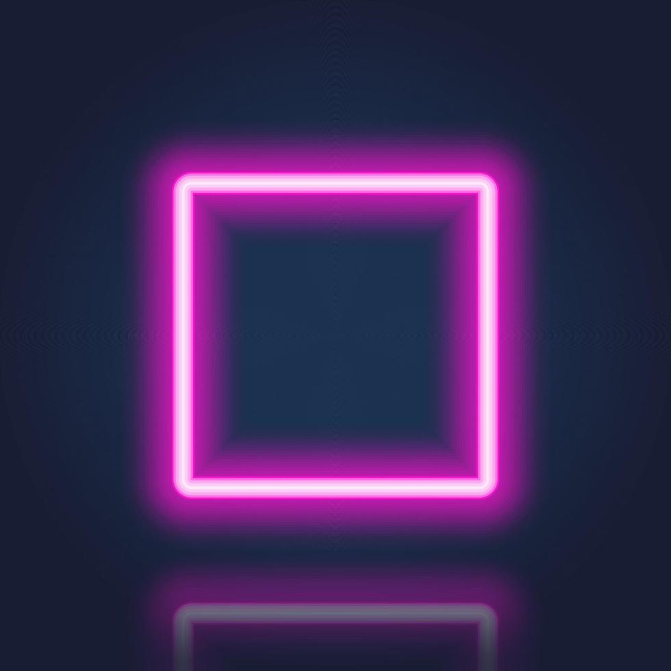 Purple Neon Frame with Reflection Effect. Realistic Square Neon Banner with Glowing Border on Dark Background. Square Neon Shiny Sign. Electric Light Rectangle. Isolated Vector Illustration.