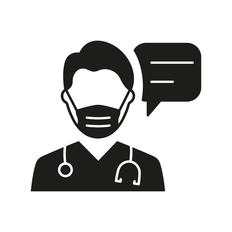 Doctor in Mask with Speech Bubble Consultation Concept Silhouette Icon. Physician Talking Pictogram. Healthcare Chat Black Icon. Medic Conversation. Isolated Vector Illustration.