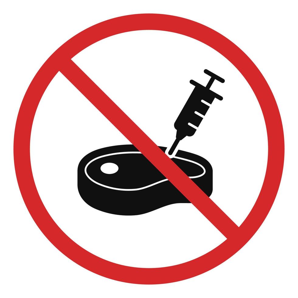 No Antibiotic Injection in Meat Silhouette Icon. Prohibited Artificial Meat Pictogram. Forbidden Hormone Meal Black Icon. Stop Artificial Food Red Sign. Isolated Vector Illustration.