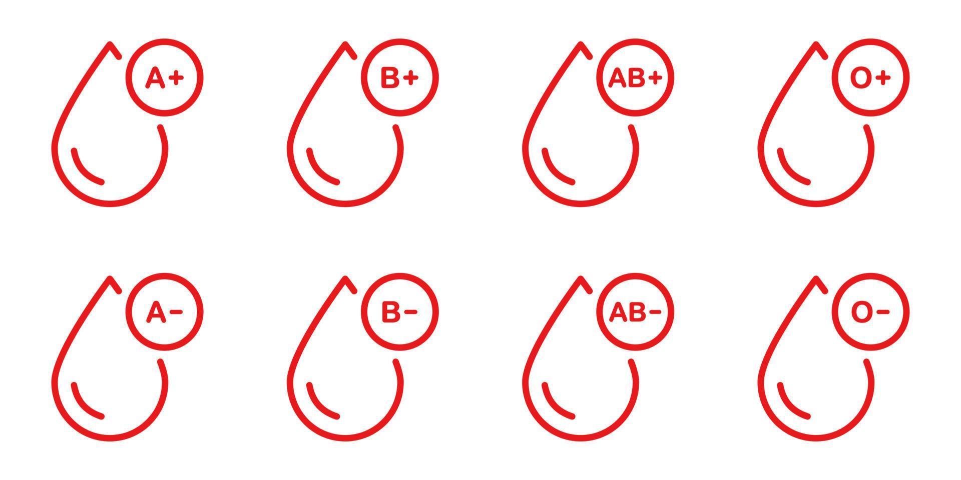icono de línea roja de tipo de sangre. grupo de pictogramas de sangre. recogida de gotas de plasma. o, a, b, ab conjunto de iconos de contorno de sangre de tipo positivo y negativo. ilustración vectorial aislada. vector