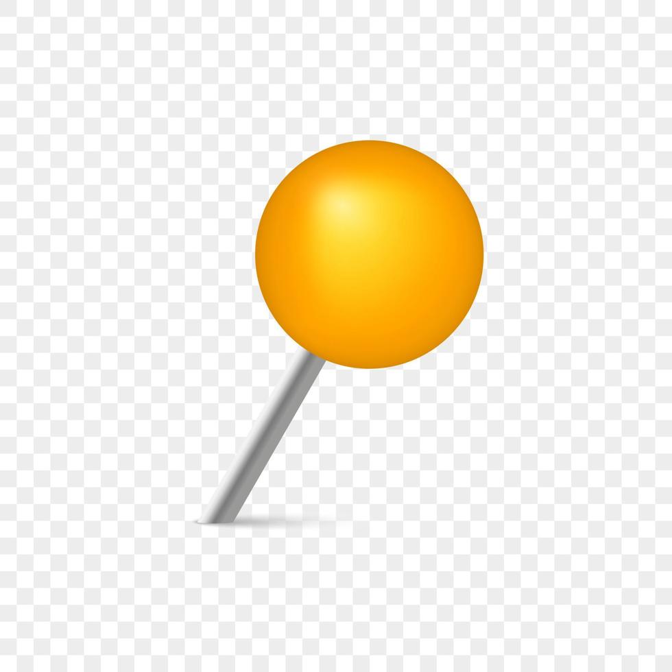 Yellow Office Thumbtack for Notice Board and Attach Paper on Wall. Plastic Circle Push Pin on Transparent Background. Pushpin with Metal Needle and Yellow head. Isolated Vector Illustration.