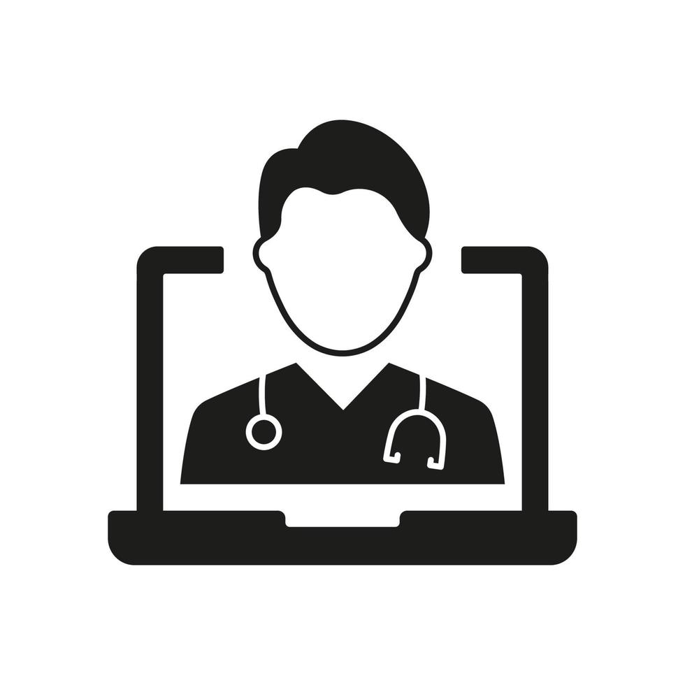 icono de silueta de medicina digital en línea. médico en computadora atención médica pictograma negro en línea. icono de servicio de medicina virtual. telemedicina ilustración vectorial aislada. vector