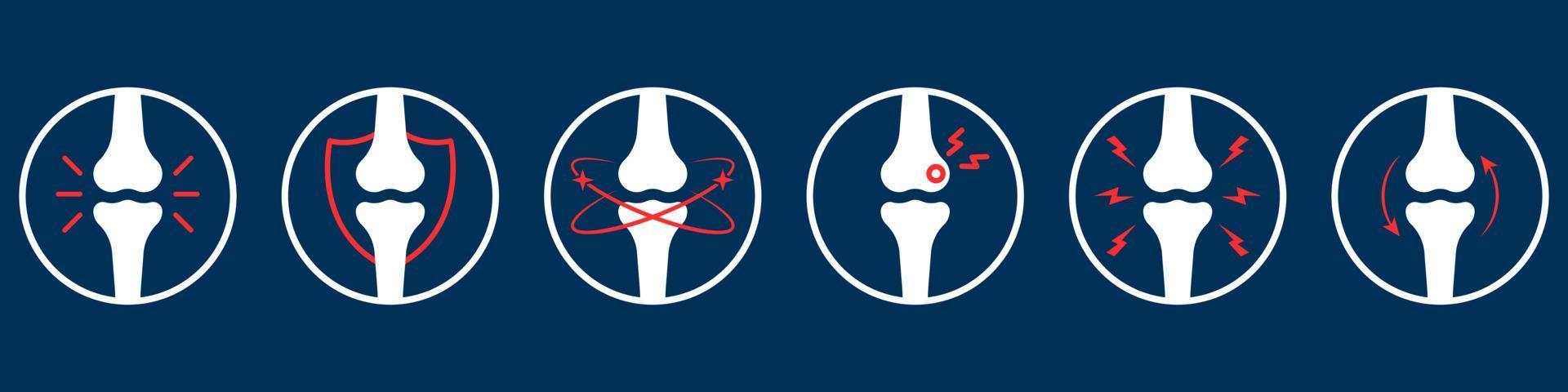 Bones Pain Icon Set. Rheumatology and Traumatology Concept. Ache of Knee, Hand, Leg Skeleton. Bones Joint Illness Icon. Arthritis, Osteoporosis, Bone Injury and Inflammation. Vector Illustration.