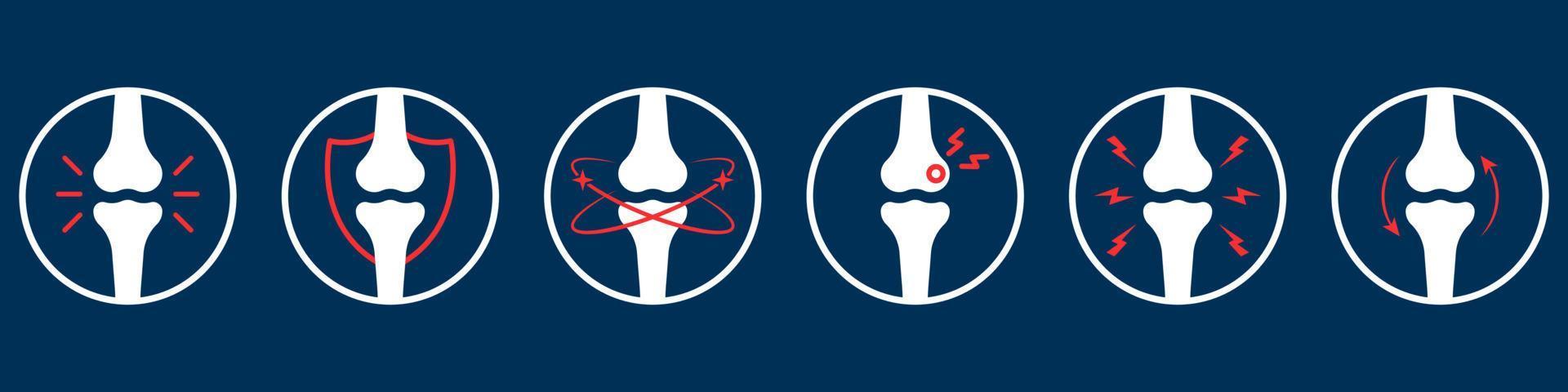 conjunto de iconos de dolor de huesos. concepto de reumatología y traumatología. dolor de rodilla, mano, esqueleto de pierna. icono de enfermedad de las articulaciones de los huesos. artritis, osteoporosis, lesión ósea e inflamación. ilustración vectorial vector