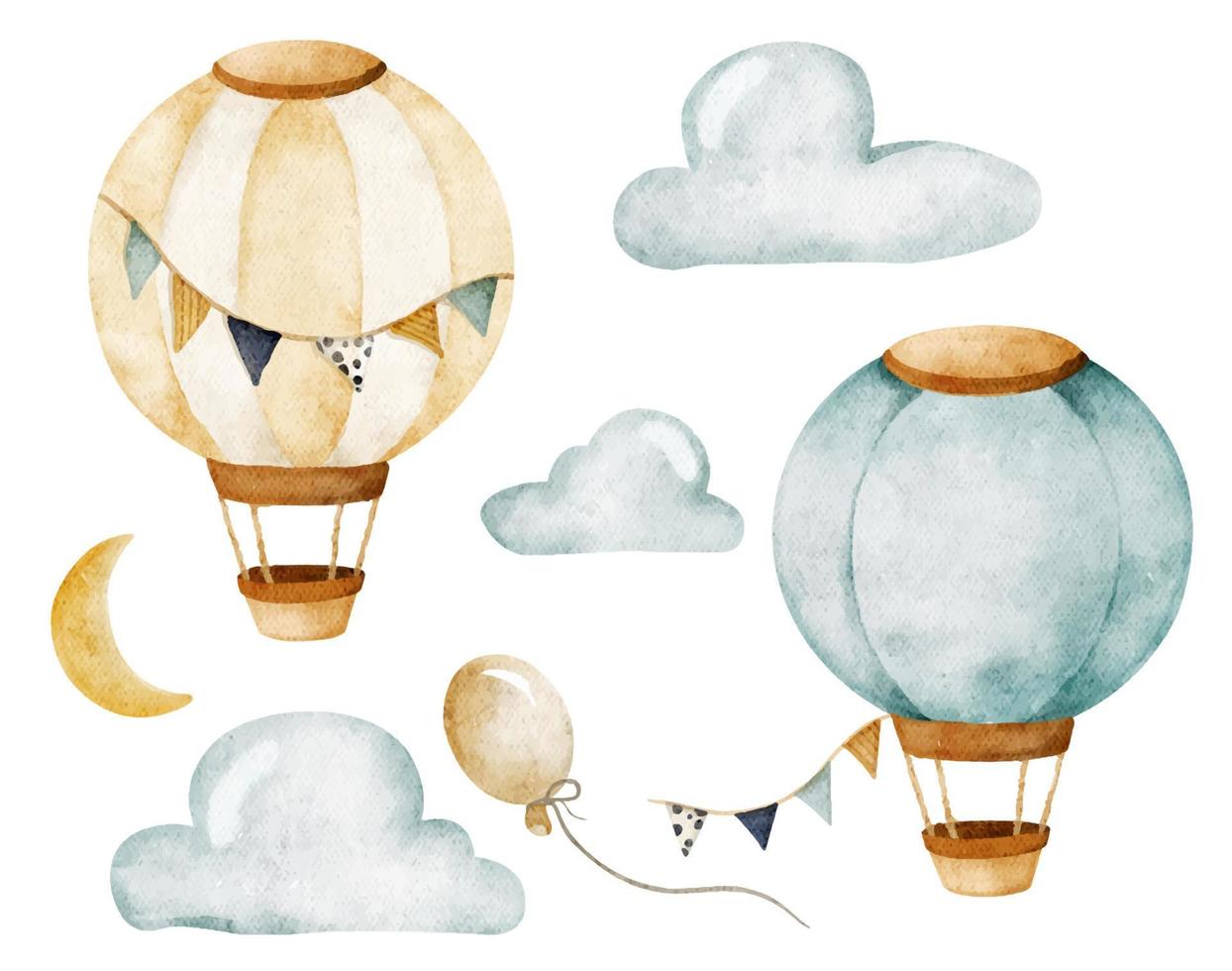 Watercolor set with hot air balloons and garland. vector